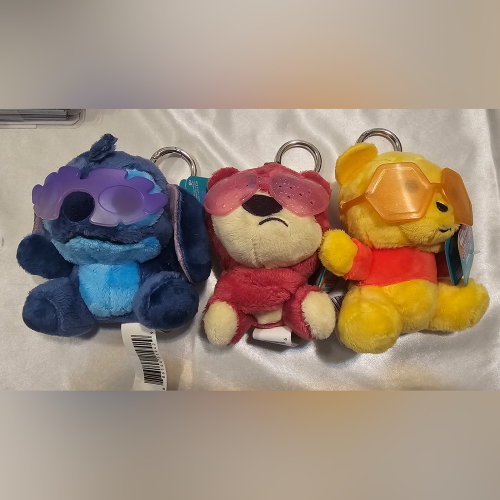 3 Disney Sunny Shades Clip-On Plush: Pooh, Stitch, Lotso (4.5”)
